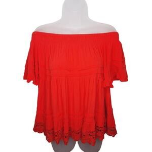 Muche et Muchette Off Shoulder Top Coral Crochet Tiered Tomato Girl Resort O/S